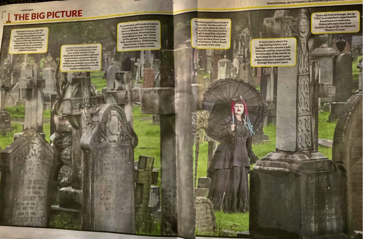GraveStories's tweet photo. Proud to be featured in Blackpool Gazette’s ‘The Big Picture’ 🖤 in my role as tour manager 🪦
Run out &amp; buy your copy now . . . before they sell out 🤣@JulietteGregson @Diane6646 @LancsRetweet @FORLancashire 
#tour #cemetery #feature #CemeteryLady #gome https://t.co/uUNfFYUpkM