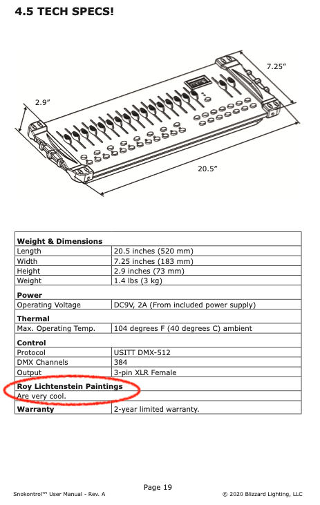 leadsynth's tweet photo. I love it when gear manufacturers put little easter eggs in their specifications. Blizzard Lighting is too cool to be on whatever this social media platform is called https://t.co/ypEGjUxhan
