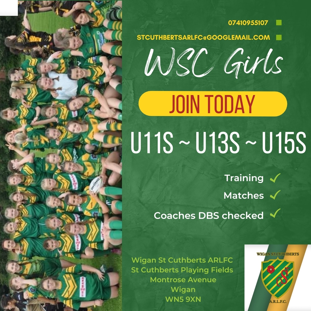 📣 WSC Girls 💪
Are you starting Y6, Y7, Y8, Y9, Y10 or Y11 in September?
Have you been looking to get involved in the game of Rugby League then why not come and give it a try.
Come be part of us.
💚💛 #wscgirls #wscu11sgirls #wscu13sgirls #wscu15sgirls #upthecuths #oneclub