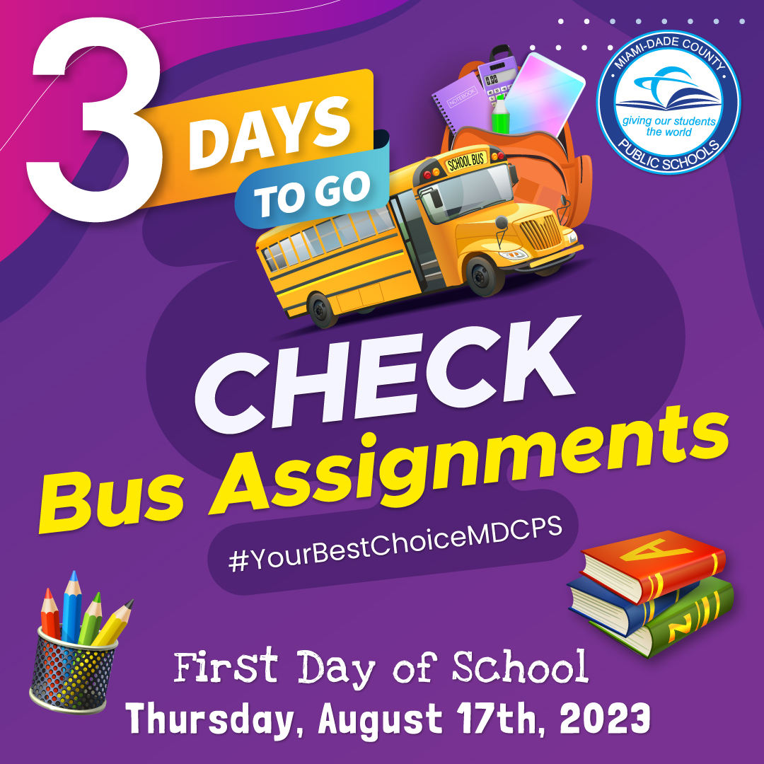 Let the countdown begin! Find out bus route information ahead of time by visiting the Dadeschools Mobile App. If you live at least two miles away from your assigned school, your child may be eligible for safe and free transportation on a @MDCPS school bus. #MDCPSReady