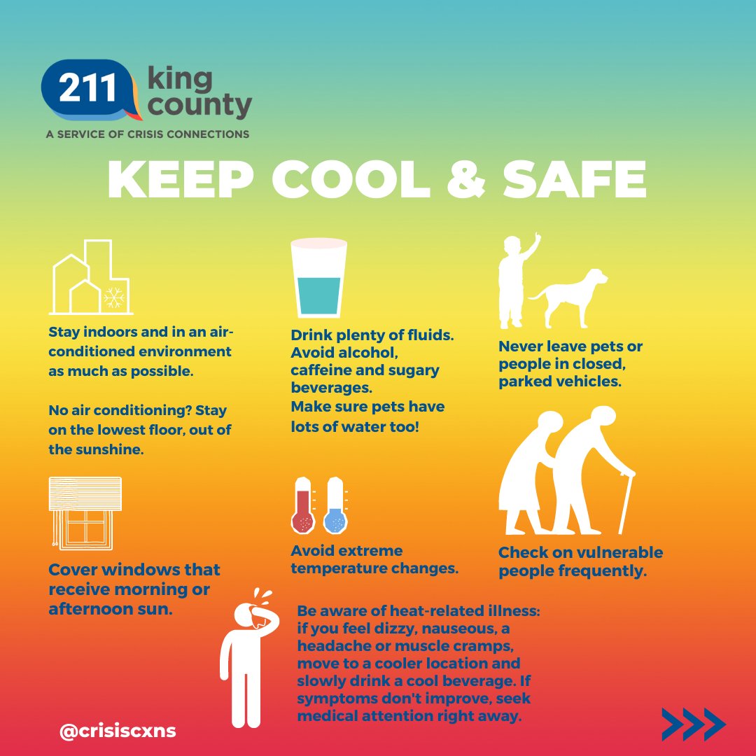 KingCounty211's tweet image. Extreme heat weather alert! ☀️
August 14-17
Visit ow.ly/wXUV50Pz4K7 for resources and links to cooling shelters in your area. 
#SeattleWeather #Team211 #heatwarning