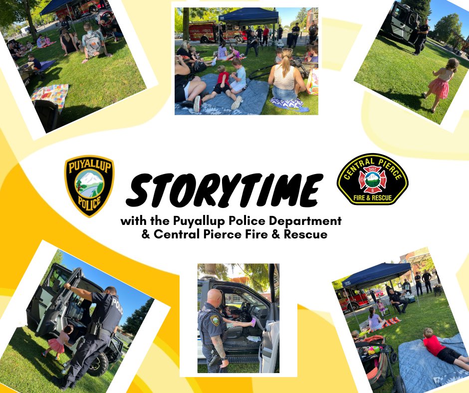 PuyallupPD's tweet photo. Storytime in the park!📚
Earlier today, our Officers went to Pioneer Park with our friends from @CentralPierce. We had so much fun reading and interacting with our community. Thank you to everyone that stopped by and joined us.
#ppd #stoytime #puyallup #centralpiercefire https://t.co/V5SWBLJJXq