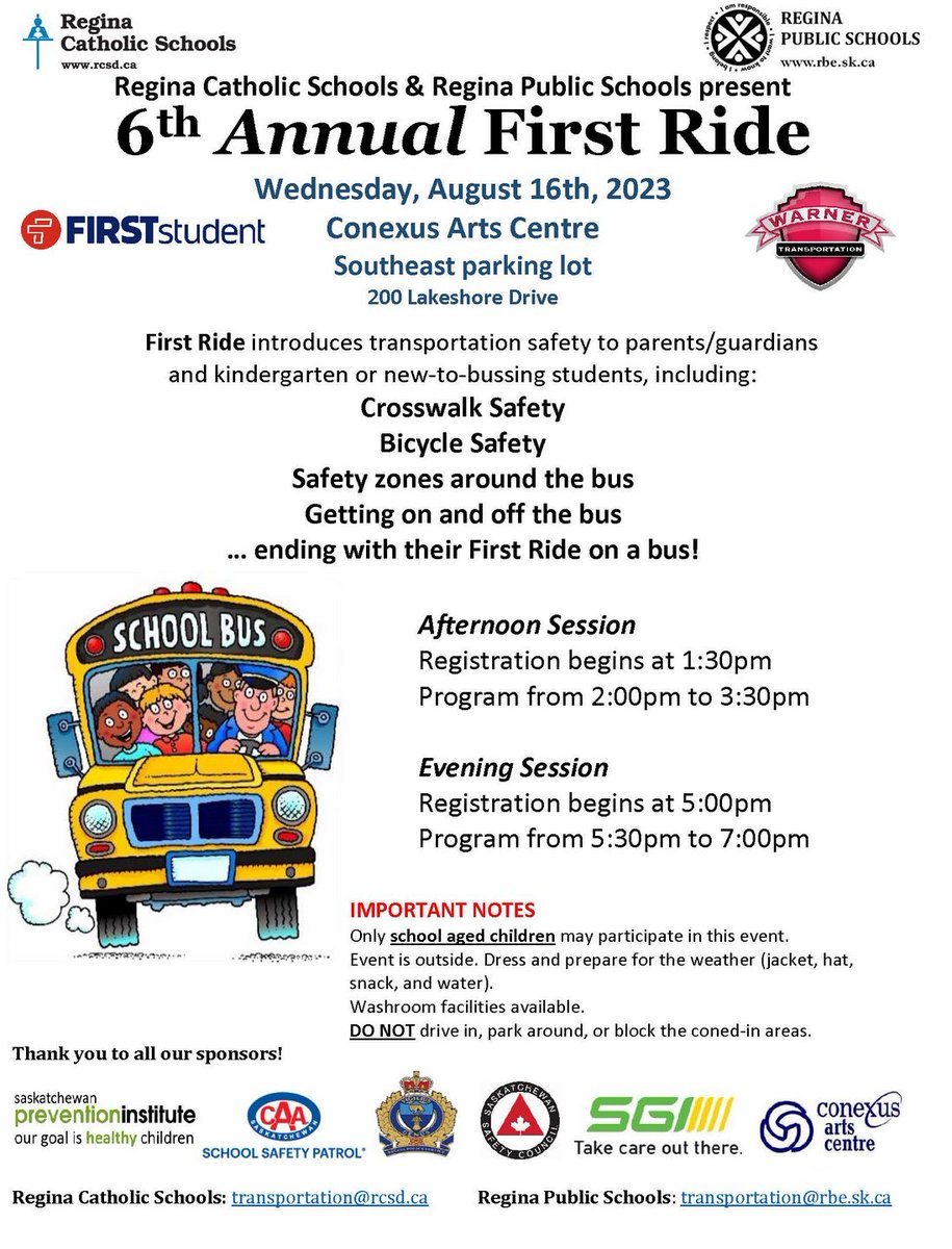 First Ride introduces transportation safety to kindergarten or new-to-bussing students and parents/guardians. It will be held on Aug. 16th rain or shine.  Read more here: reginapublicschools.ca/first_ride