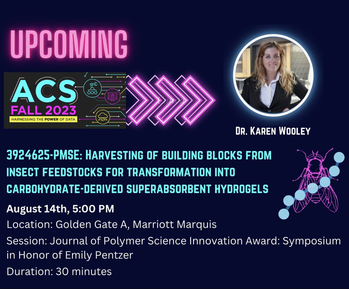 Wooley Research Group (@groupwooley) on Twitter photo Come join us for <a href="/karen_wooley/">Karen L Wooley</a>’s talk today highlighting recent efforts to utilize insects as feedstocks and the transformation of them into superabsorbent hydrogel materials. #ACSFall2023
📆 8/14/2023
⏰ 5:00pm
📍 SF Marriott Marquis Golden Gate A
<a href="/acspmse/">ACS PMSE Division</a> <a href="/AmerChemSociety/">American Chemical Society</a> Come join us for <a href="/karen_wooley/">Karen L Wooley</a>’s talk today highlighting recent efforts to utilize insects as feedstocks and the transformation of them into superabsorbent hydrogel materials. #ACSFall2023
📆 8/14/2023
⏰ 5:00pm
📍 SF Marriott Marquis Golden Gate A
<a href="/acspmse/">ACS PMSE Division</a> <a href="/AmerChemSociety/">American Chemical Society</a>