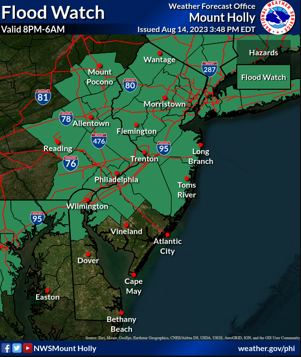 ⚠️⛈️A Flood Watch has been issued for most of the region for tonight. An impactful system will move through overnight bringing the potential for flash flooding and severe thunderstorms. Have multiple ways to receive warnings! #NJwx #PAwx #MDwx #DEwx