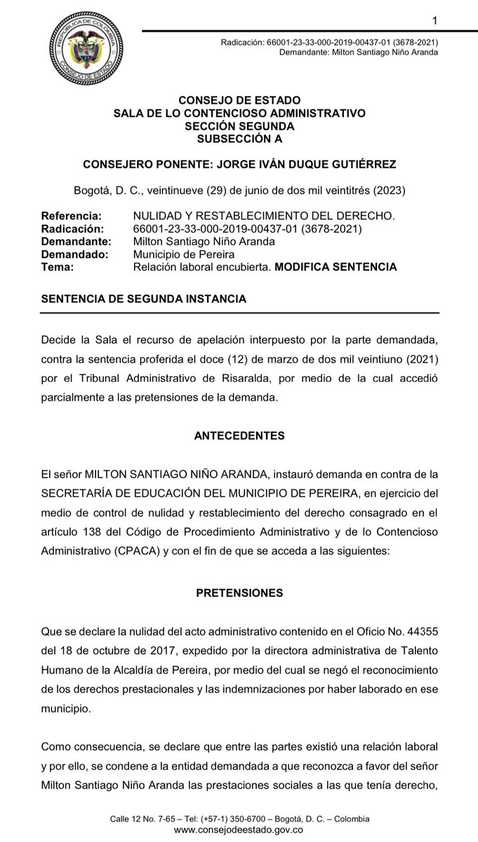 Actualidad Jurídica. 

Consejo de Estado.
El término para exigir el reconocimiento de una relación laboral con el Estado es de 3 años contados a partir de la terminación del vínculo contractual.

drive.google.com/file/d/1VYKZtn…