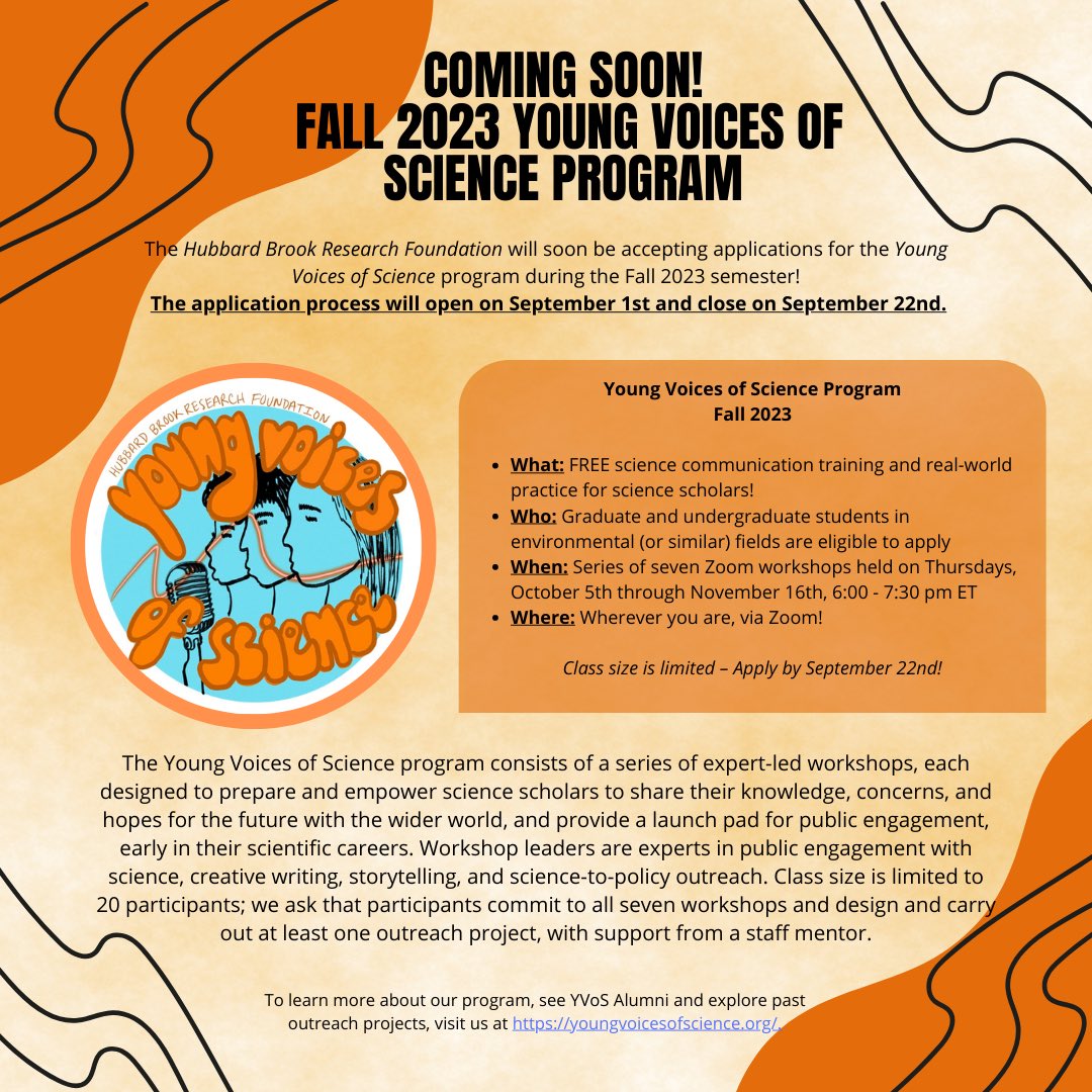 🔔 Fall 2023 Young Voices of Science Application Coming Soon!🔔

We will be accepting application starting September 1st! Click on the post to mark your calendar! 🗓️ 

Help us spread the word!🌟