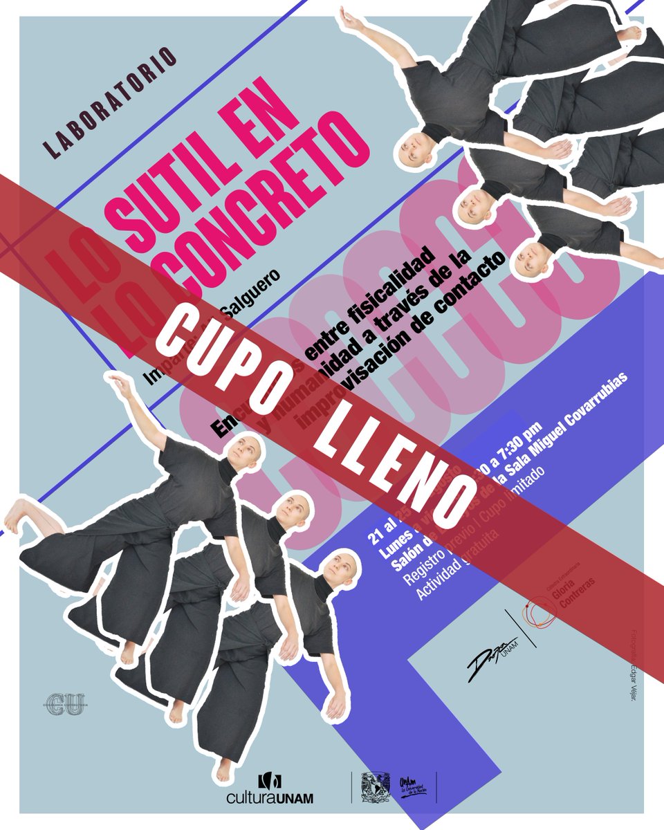 🔴  CUPO LLENO 🔴

Agradecemos su interés por participar en el Laboratorio "Lo sutil en lo concreto. Encuentros entre fisicalidad y humanidad a través de la improvisación de contacto", impartido por Ali Salguero.
💥 ¡Síganos en nuestras redes sociales para que no se queden fuera!