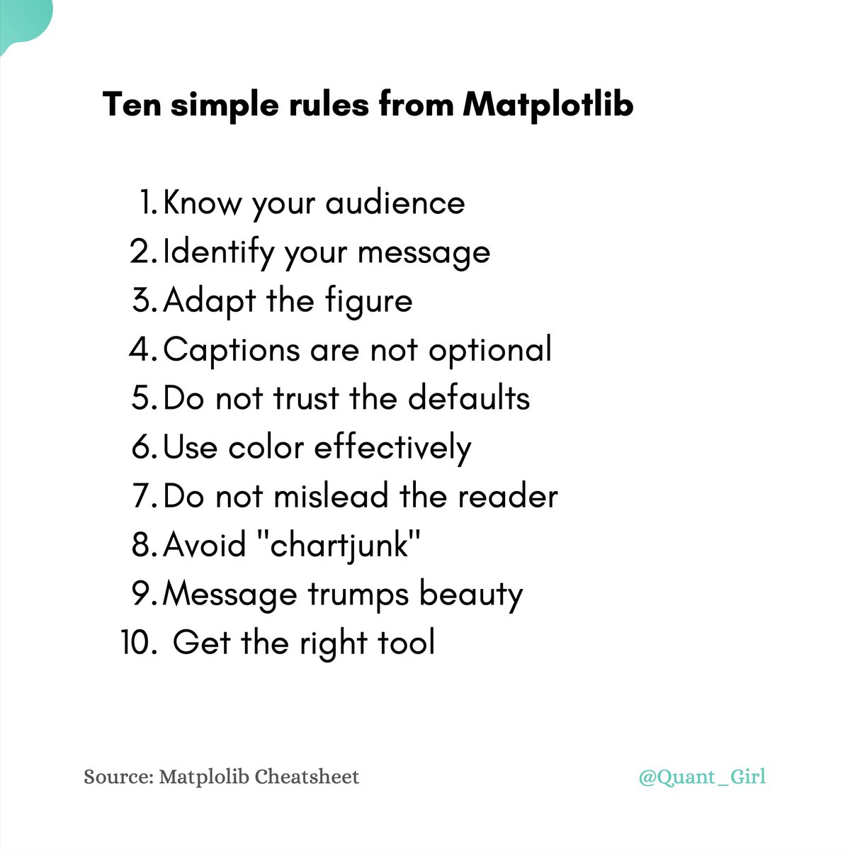Quant_Girl's tweet image. Rules to live by when making #charts 📊by @matplotlib✨

My personal favourites are 2 (getting the message right is sometimes the most difficult part) and 10 (always ask yourself if you have the right tool)

#visualizations #plots #Datavisualization #DataAnalytics #Statistics