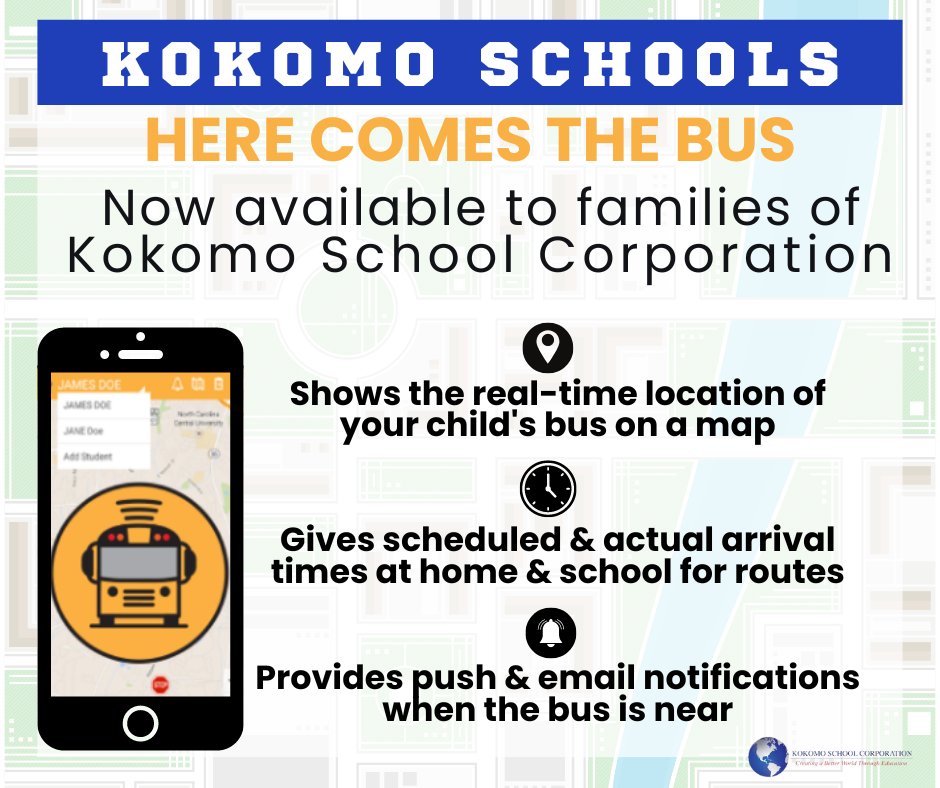 Exciting news!🚍🚦"Here Comes The Bus" App,
which is free &amp; secure, for Kokomo School Corporation families w/students transported by KSC buses. 
Be on the lookout🎒👀 for more info &amp; instructions coming home. If you have questions, please contact your student's school. #GoKokomo