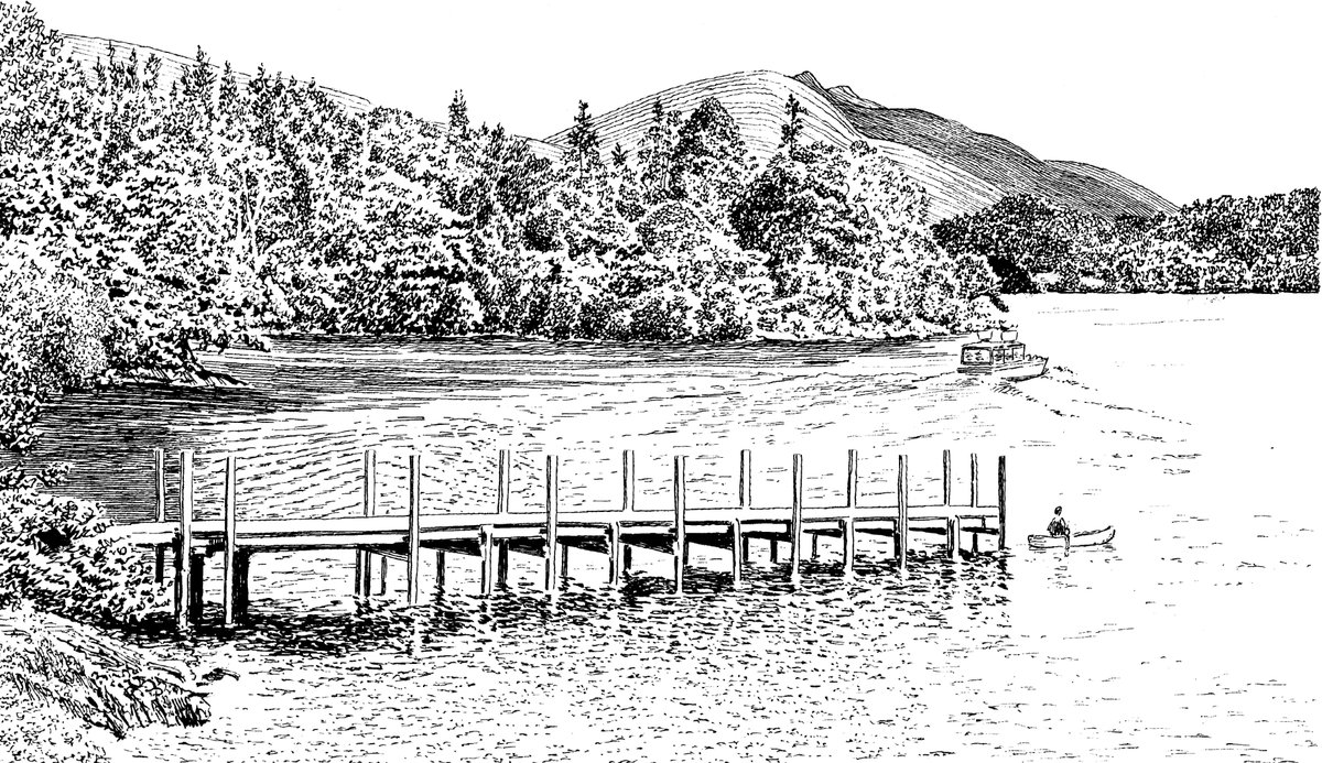 Linescape of the Derwentwater launch speeding away from the Hawse End jetty, with Blencathra in the background.