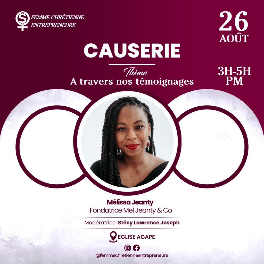 Mélissa Jeanty
 Spécialiste en Marketing &amp; Communication 
fondatrice de MelJeanty &amp; Co 

#ATraversNosTémoignages

Affiche_1

Stay Focus

Contactez-nous sur le 509-4714-1536 pour réserver votre place.

#FCE