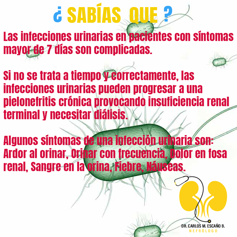Los síntomas de una infección urinaria son:

-Dolor o ardor al orinar.
-Orinar con frecuencia.
-Sentir la necesidad de orinar a pesar de que la vejiga esté vacía.
-Sangre en la orina.
-Dolor en la vejiga urinaria.
-Fiebre
-Dolor en fosa renal
-Náuseas o vómitos.