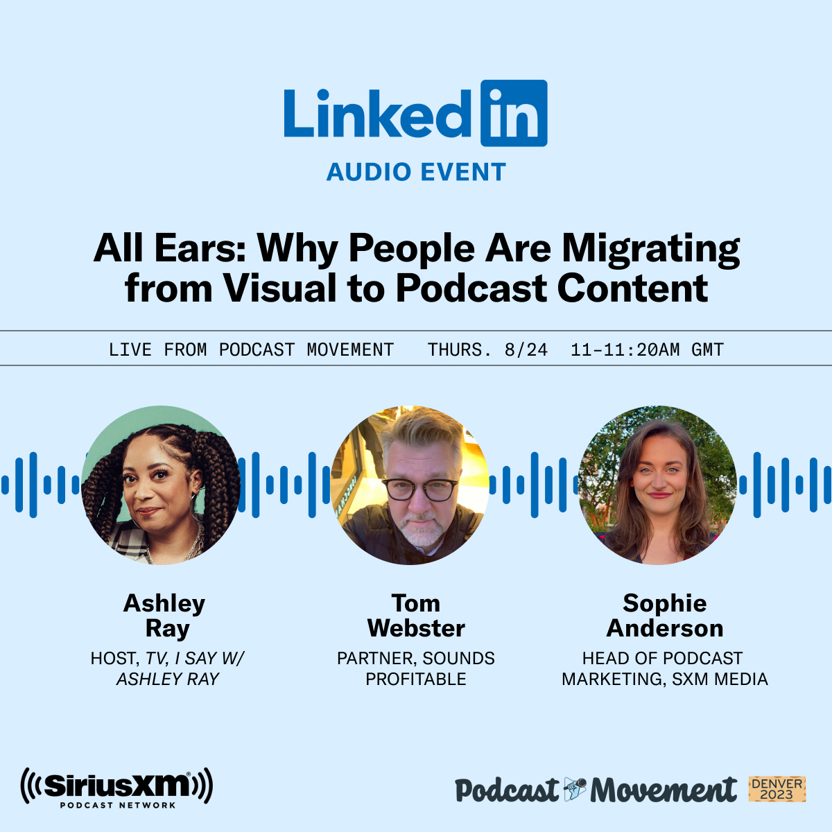 SiriusXMMedia's tweet photo. Join our @PodcastMovement #AudioEvent w/ @theashleyray host of @tvisaypod &amp; @webby2001 of @SoundsProfNews!

Let's explore how audiences are now prioritizing #podcasts over #tv &amp; the powerful attraction for creators, fans, and brands.

RSVP: https://t.co/9FTSawWLYr

#PD23 @earwolf https://t.co/ZUo62C3ZFs