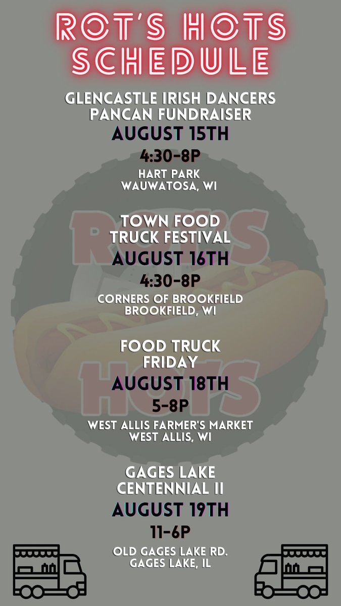 Busy week ahead! Make your plans now to come see us this week 🌭😋