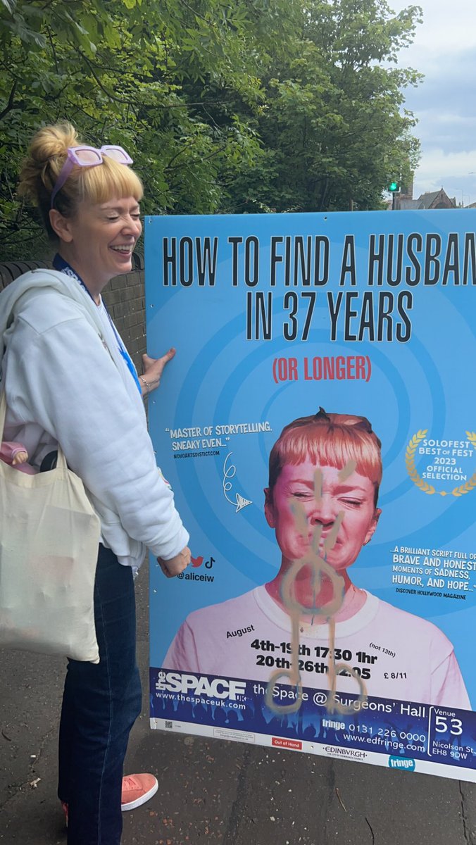 Picked up the Penis poster today and the paint is not the matching blue anymore. Wtf!? Did they try to fix and made it less pretty? Anyway taking it home. One for the books. #howtofindahusband #edfringe if anyone knows the original artist, get me that paint color