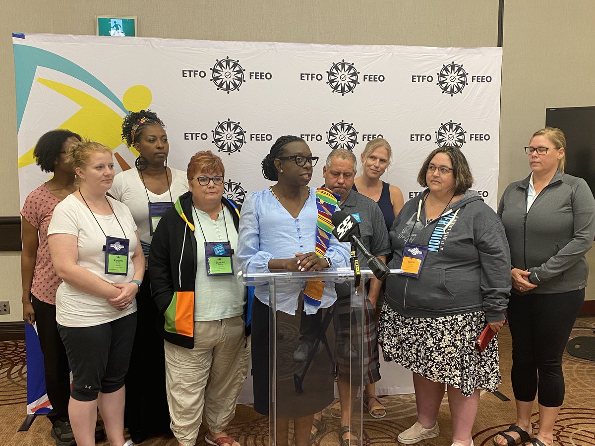 ETFOeducators's tweet photo. Speaking to the media at #ETFOAM2023, @ETFOpresident says the government has the funds. This is about making public education a priority and investing in students and student support. #onpoli #onted https://t.co/rwJcNsYDSe