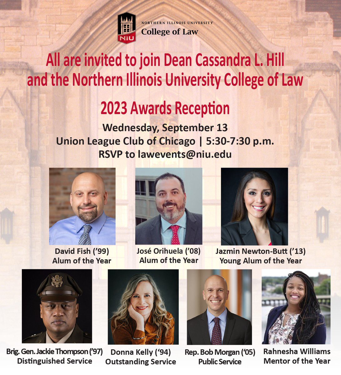 Congrats to the 2023 NIU Law Award Recipients! Please join us at the Awards Reception, Wed, Sept 13 5:30-7:30 pm at the Union League Club of Chicago . Hors d'oeuvres and drinks provided. RSVP to lawevents@niu.edu by Sept 8 #niulaw #niulawhasitall #NIULawIs4You #niulawproud