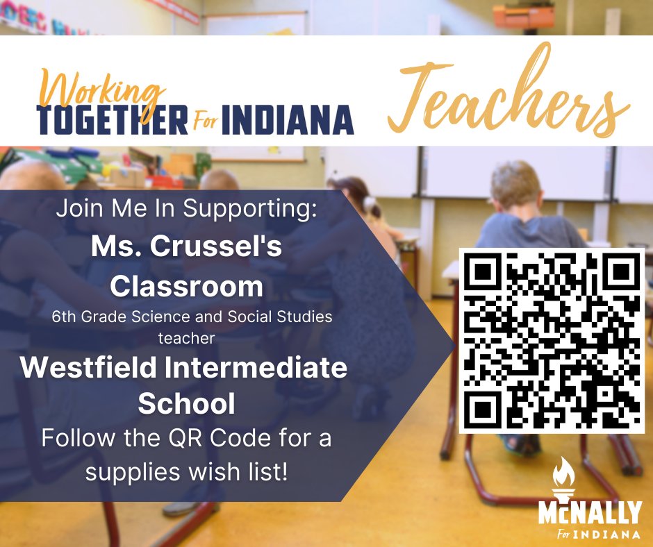 McNally4Indiana's tweet photo. Join me in supporting Ms. Crussel's incredible 6th Grade Science and Social Studies classroom at Westfield Intermediate School! Let's make a difference by contributing to her teacher wish list and empowering young minds to explore and learn.
#LetsGoHamCo #HoosierTwitter https://t.co/iS2aP2nZw5