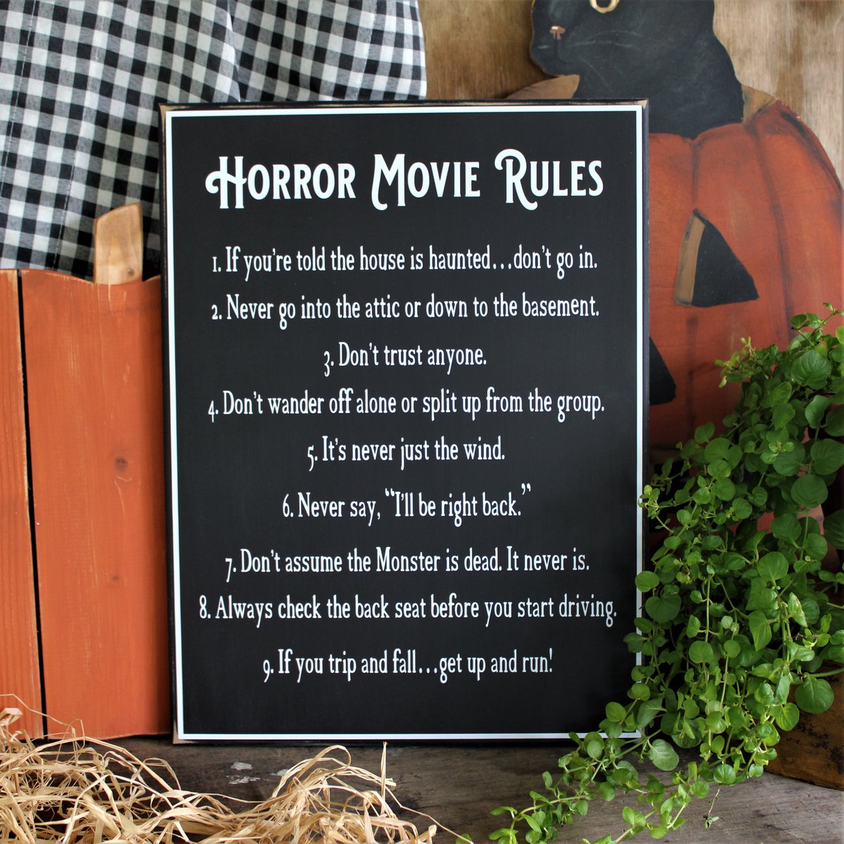 Horror Movie Rules What to say to while watching a spooky movie  #HalloweenDecor #WatchhorrorMovies #moviebuff #spooky #signmaker #Ilovehorrormovies #marylandmaker #SMILEtt23 #cwsigns countryworkshop.net/products/horro…