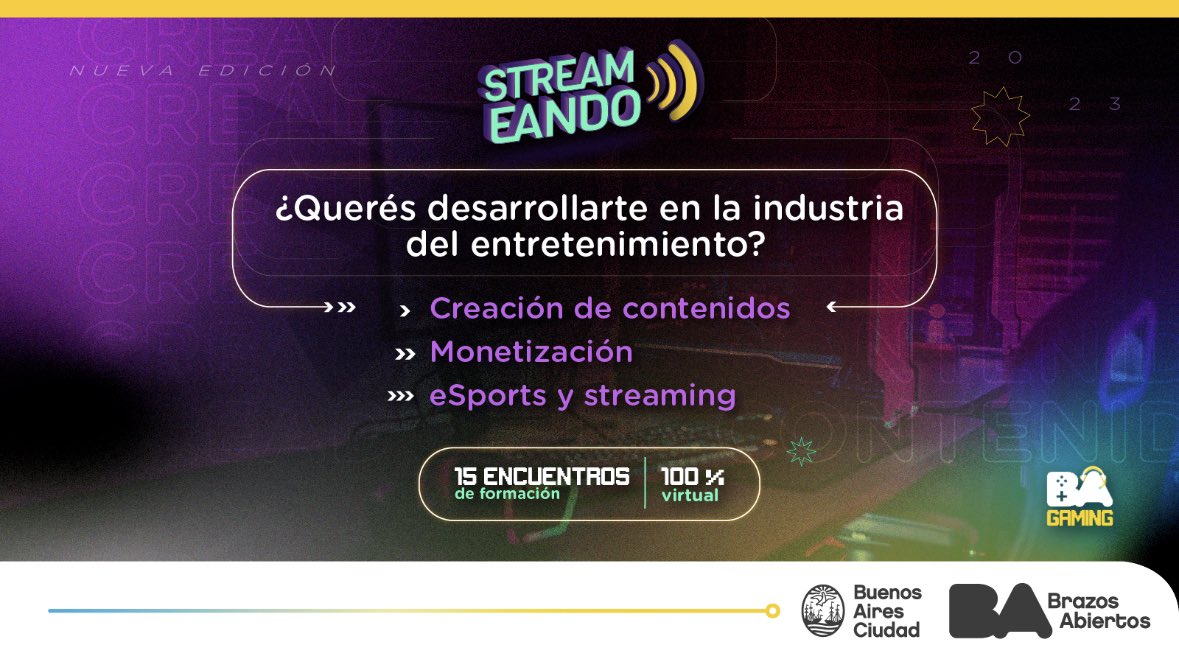 Nueva edición de #Stremeando ⚡️
Impulsa tu creatividad, aprende sobre monetización, streaming y mucho más. 👾

👇Requisitos 
💻 15 encuentros 
🙋‍♀️16 a 35 años 
📍 Residir en la Argentina 

Inscribirte y conocé más en este link ➡️ bit.ly/3s74Iml