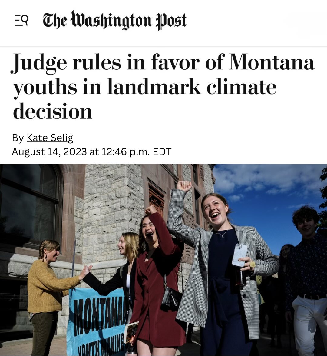 SDonziger's tweet photo. BREAKING: A US court in Montana today delivered a major victory for the planet, ruling in favor of children who claimed their right to a clean environment is being systematically violated by the fossil fuel industry. 

Huge breakthrough for the law. Huge blow to Big Oil.👊🔥🙏 https://t.co/5LQtTzExtW