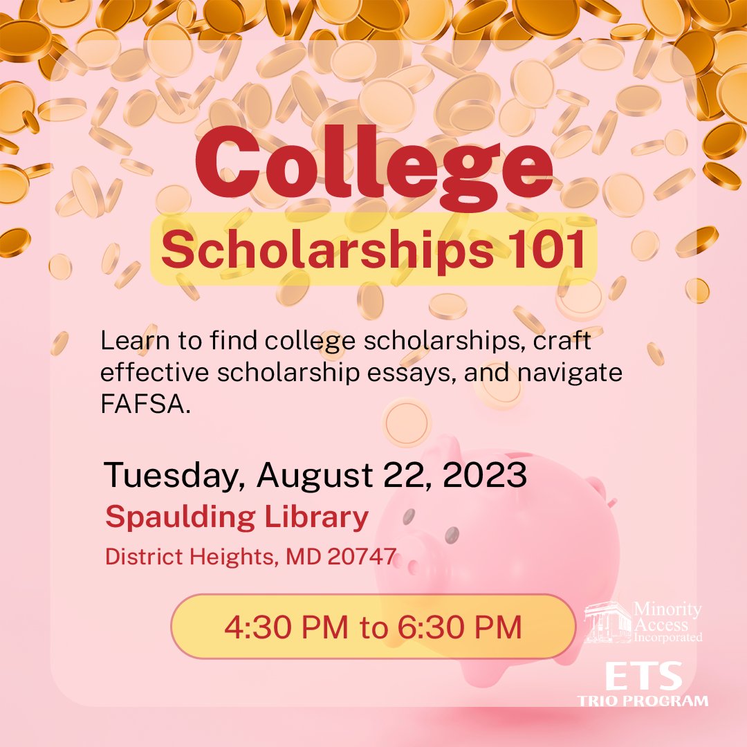 mai_etsprogram's tweet image. PGCMLs is hosting a College Scholarship 101 session. These training sessions will help you find college scholarships, craft effective essays, and navigate FAFSA.

Spaulding Library Tuesday, August 22, 4:30 pm to 6:30 pm
#collegescholarships #FAFSA  #FinancialAid
