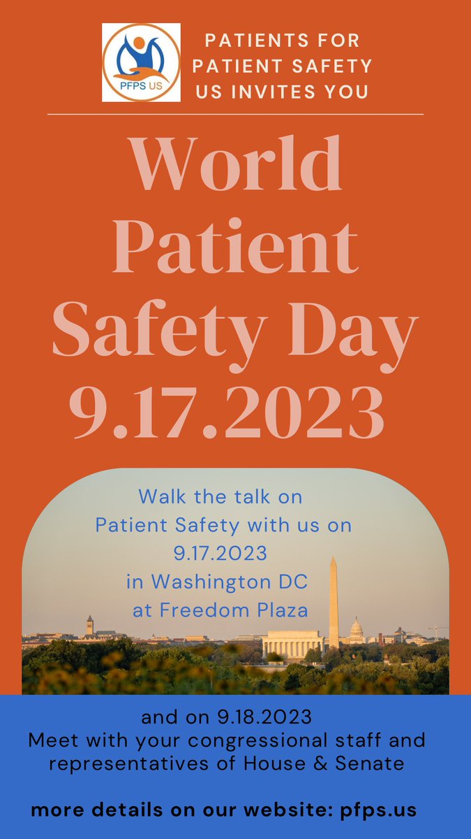 Join us &amp; <a href="/TheIHI/">Institute for Healthcare Improvement (IHI)</a> <a href="/LeapfrogGroup/">The Leapfrog Group</a> <a href="/NatQualityForum/">National Quality Forum (NQF)</a> <a href="/MedStarIQS/">MedStar Institute for Quality and Safety</a> &amp; <a href="/PLAN4ZERO/">Patient Safety Movement Foundation</a> to #walkthetalk on #patientsafety in Washington DC on this year’s #worldpatientsafetyday, 9/17/23! Meet your state’s legislative staff on 9/18/23! More details on our website pfps.us!