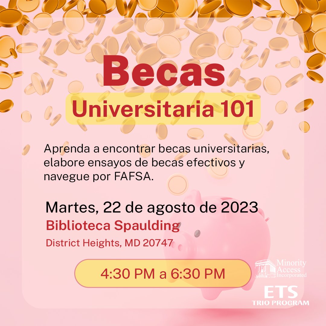 mai_etsprogram's tweet image. PGCMLs está organizando una sesión de Beca Universitaria 101. Estas sesiones lo ayudarán a encontrar becas universitarias, elaborar ensayos efectivos y navegar por la FAFSA.

Biblioteca Spaulding Martes 22 de agosto, 4:30 pm a 6:30 pm
#collegescholarships #FAFSA  #financialaid