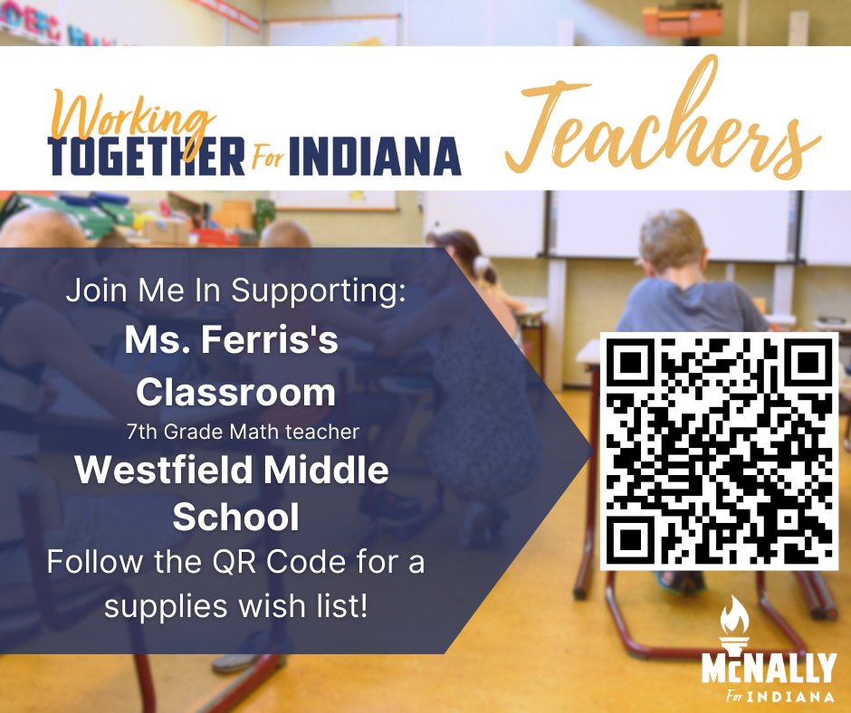McNally4Indiana's tweet photo. Together, let's empower Ms. Ferris's 7th grade students to reach new heights! Join us in multiplying the joy by contributing to her classroom aspirations through a donation to her teacher wish list.
#HoosierTwitter #LetsGoHamCo https://t.co/AIxl6ffJCr