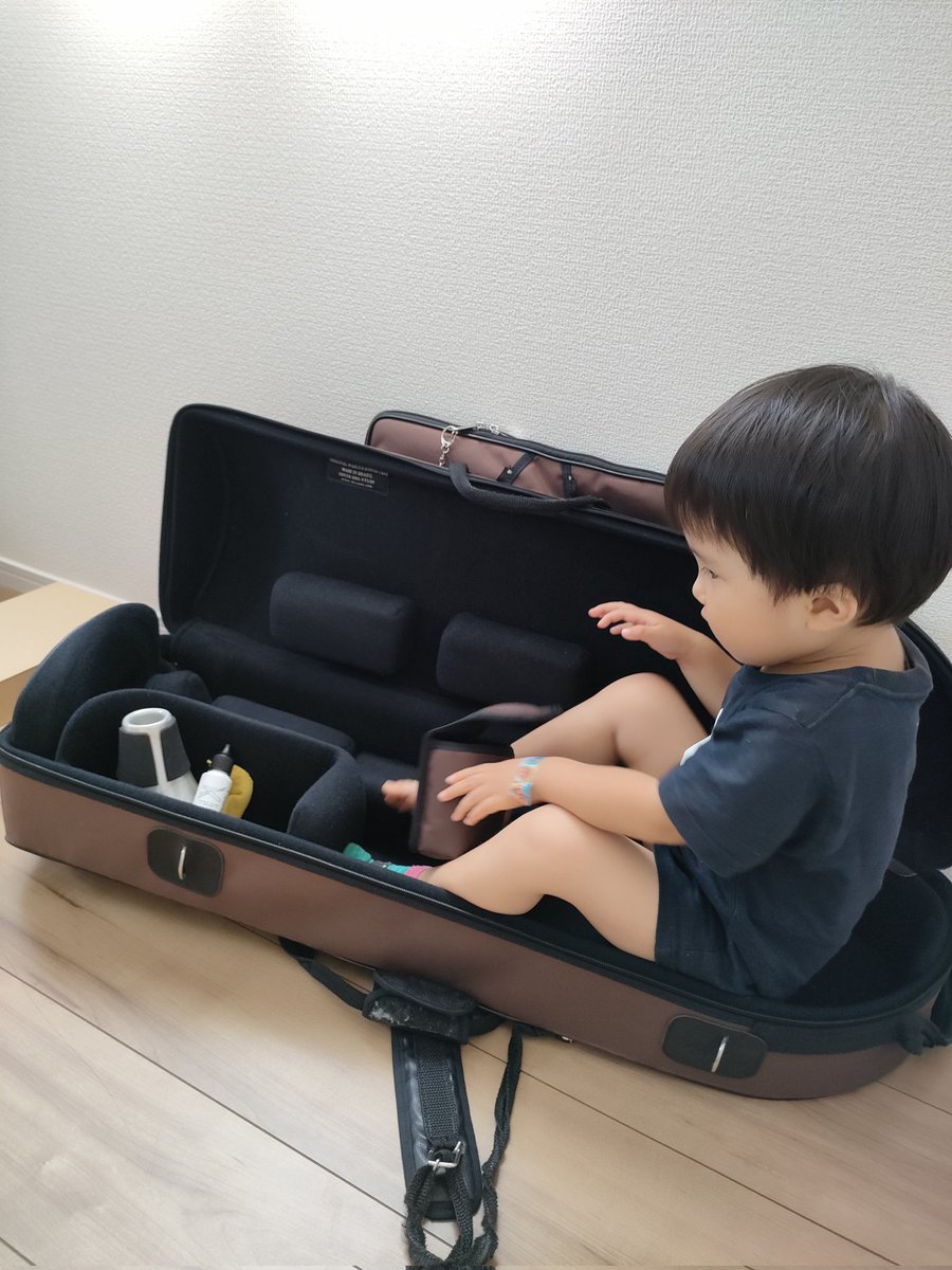 おとなしいなと思ったら…
自らトロンボーンケースに納まる次男🧒
#トロンボーン　#トロンボーンケースの新しい使い方