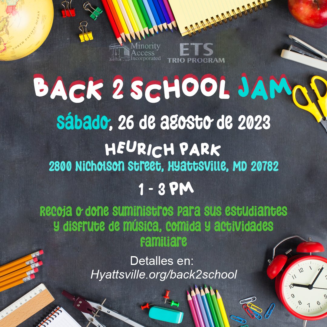mai_etsprogram's tweet image. Recoja o done suministros para sus estudiantes y disfrute de música, comida y actividades familiares en Heurich Park (2800 Nicholson Street) en Back 2 School Jam. Sábado, 26 de agosto de 2023. Detalles en Hyattsville.org/back2school

#Back2SchoolJam #Hyattsville #StudentSupplies