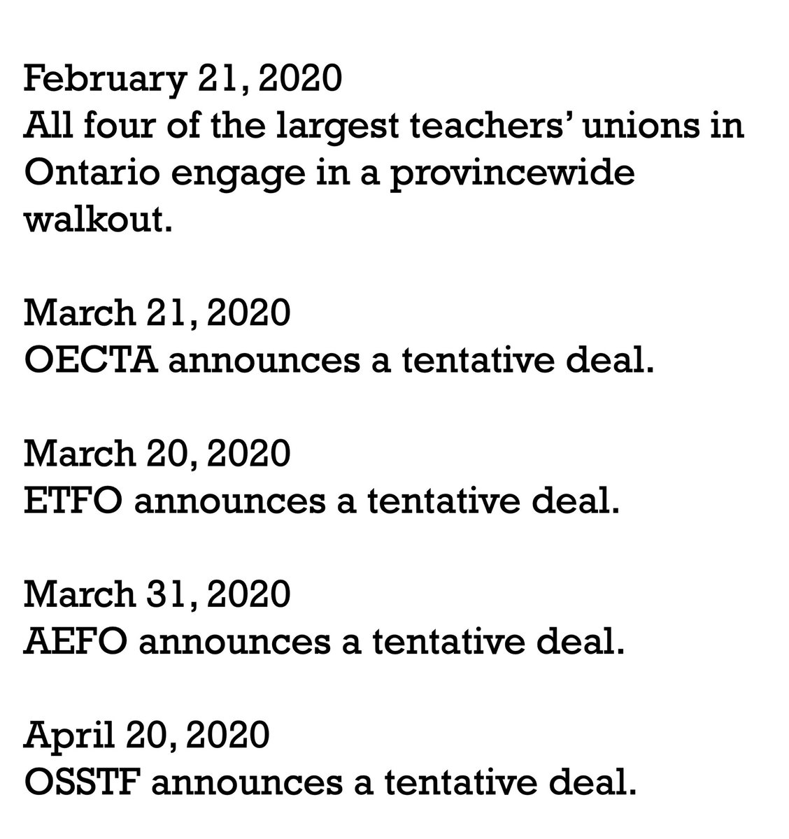 The last time teachers walked out was in February 2020. It might feel like it happens every year, but the last time was 3 1/2 years ago. 

Frustrated? Me too. Please direct your anger at the person who’s been dragging out negotiations - Stephen Francis Lecce.

#onted
#ETFOstrong