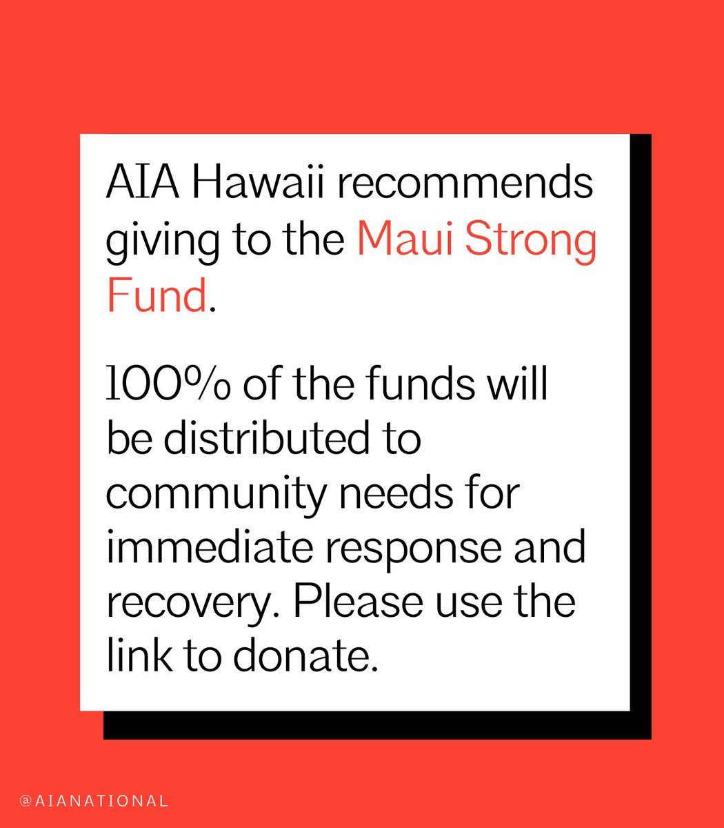 We are deeply saddened by the recent wildfires and are working closely with AIA Hawaii as recovery efforts get underway. AIA Hawaii recommends giving to the Maui Strong Fund. 100% of funds go to immediate response + recovery. Learn more: bit.ly/3Yy02Sw