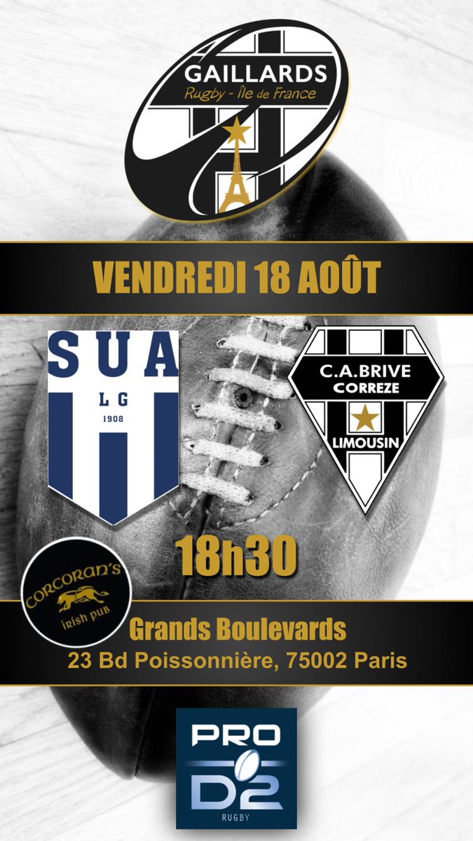 CABClubParis's tweet photo. Diffusion de @agen_rugby vs @CABCLRUGBY en direct vendredi : la saison de la GRIF commence aussi dans notre nouveau QG du Corcoran's Grands Boulevards à Paris! Allez Brive 🏴🏳️🏴 https://t.co/BG2dLe3xJp