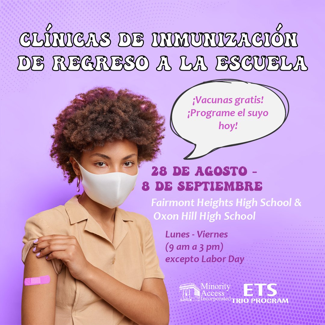 mai_etsprogram's tweet image. ¿Necesita vacunas para la escuela? Regístrese para una próxima clínica de inmunización en tinyurl.com/PGCPS-Back-2-S…
8/28 a 9/8 en Fairmont Heights High School y Oxon Hill High School
Lunes - Viernes excepto Día del Trabajo (9 am - 3 pm)
#backtoschool #immunization #healthyliving
