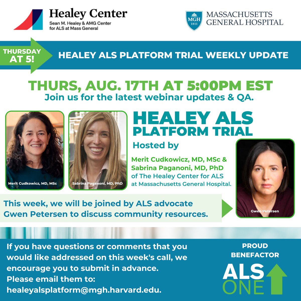 alsone_official's tweet image. This Thurs 8/17th at 5pm EST: Our weekly Healey #ALSPlatformTrial update webinar.  This wk, hosts @MeritCudkowicz &amp;amp; @PaganoniMDPhD of @MGHNeurology will give updates &amp;amp; be joined by #ALS advocate @gwenpetersen7 to discuss community resources. Reg: lnkd.in/e6FYk7tA.