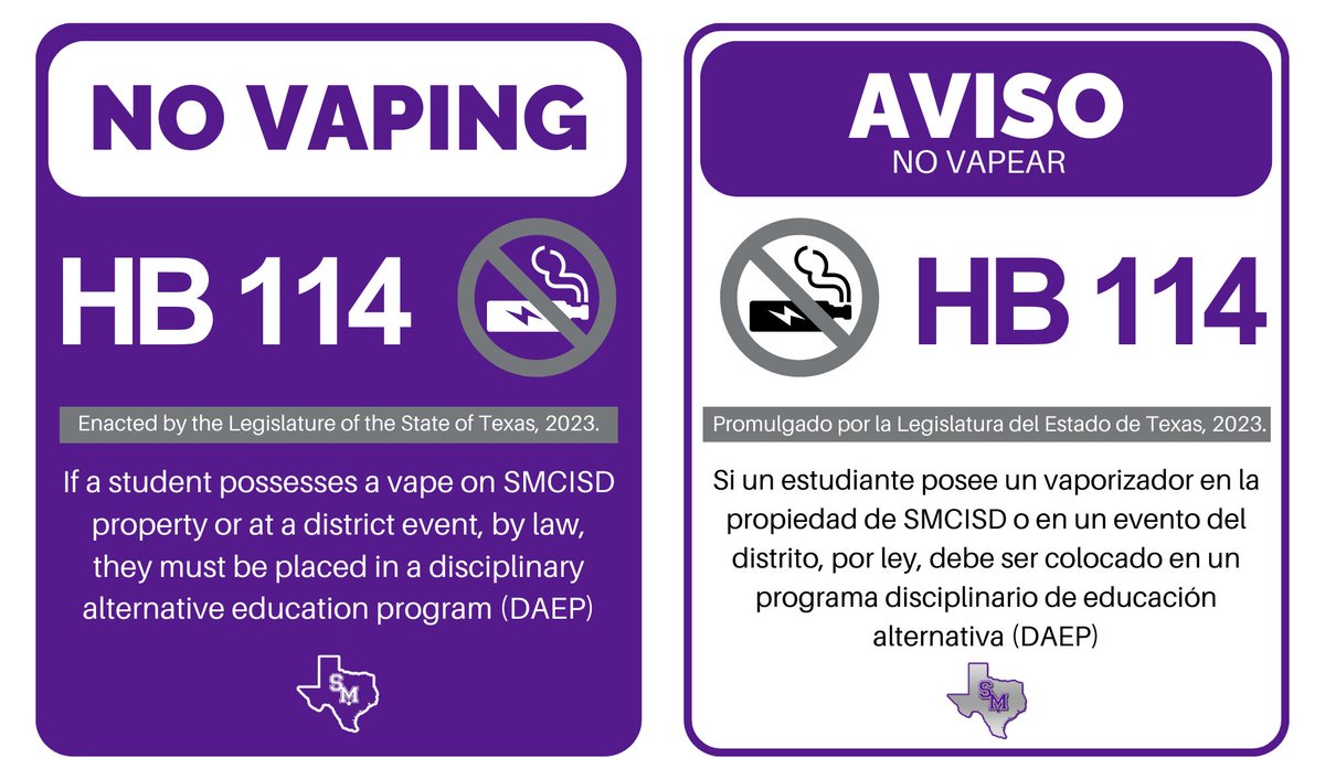 San Marcos CISD students and families:
If a student possesses a vape on SMCISD property or at a district event, by law, they must be placed in a disciplinary alternative education program (DAEP).