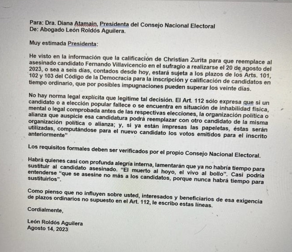 De León Roldós Aguilera a Diana Atamaint sobre la inscripción de Christian Zurita