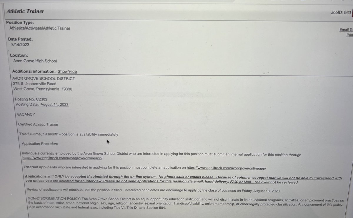 If anybody is looking or knows somebody looking for an athletic trainer job <a href="/AvonGroveSD/">Avon Grove SD</a> is hiring. applitrack.com/avongrove/onli…