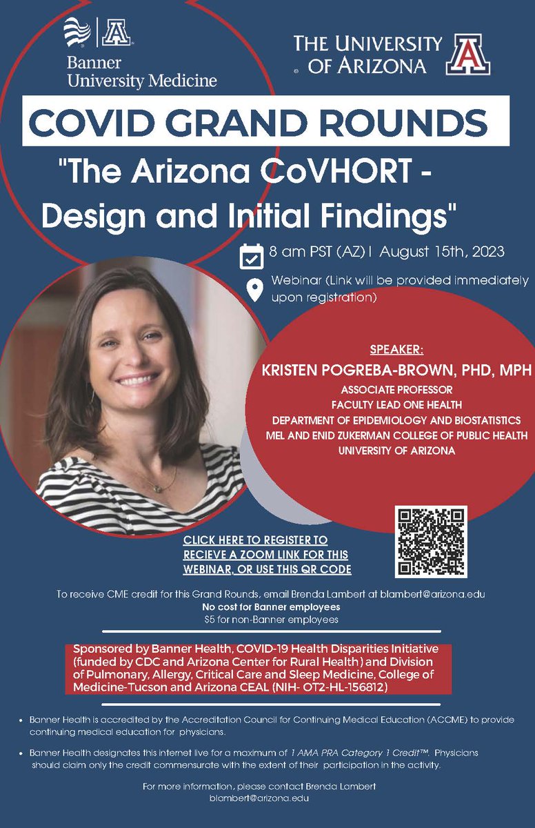 Join us TOMORROW! COVID GRAND ROUNDS, 08/15/23 - Dr. Kristen Pogreba-Brown at 8am PST (AZ time).
<a href="/sai_sparthamd/">Sai Parthasarathy, MD</a> <a href="/uarizona/">University of Arizona</a> <a href="/UAZHealth/">University of Arizona Health Sciences</a> <a href="/UAZBIO5/">BIO5 Institute</a>
<a href="/az_ceal/">Az CEAL Consortium</a> <a href="/Az_CHOW/">Arizona Community Health Workers Association</a> @covortstudy <a href="/UAZMedTucson/">UA College of Medicine – Tucson</a>
<a href="/UAZWIMSTucson/">UAZ Women in Medicine and Science-Tucson</a> <a href="/atscommunity/">American Thoracic Society (ATS)</a> <a href="/UofAZSurgery/">University of Arizona Department of Surgery</a>
<a href="/SleepUaz/">UAZTucsonSleep</a>
Register here: tinyurl.com/4ps7v58y