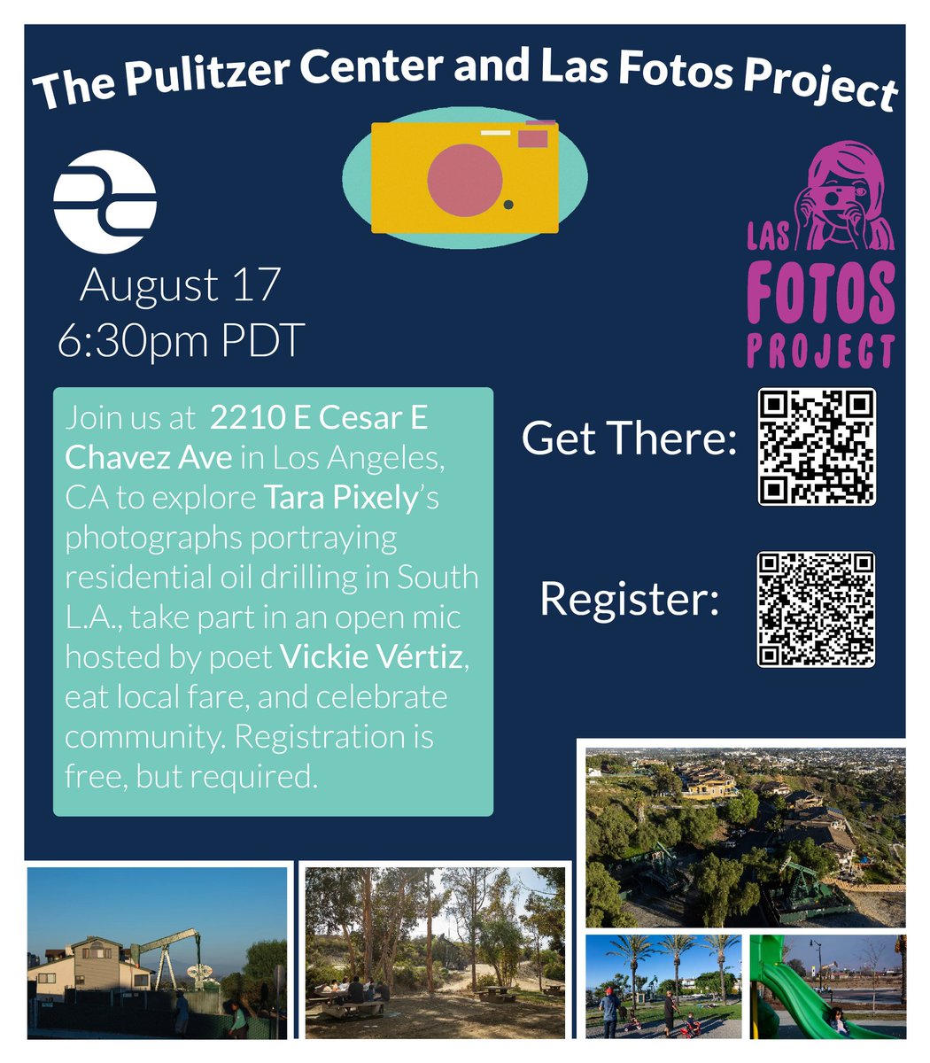 This Thursday! Join grantee @tlpix and poet @vickievertiz for a poem and photo gallery open on residential oil drilling in South L.A. 📅 August 17 We will have a open poem space, local food, and more! Register here and learn about @lasfotosproject! 👉bit.ly/3Ok7vzQ