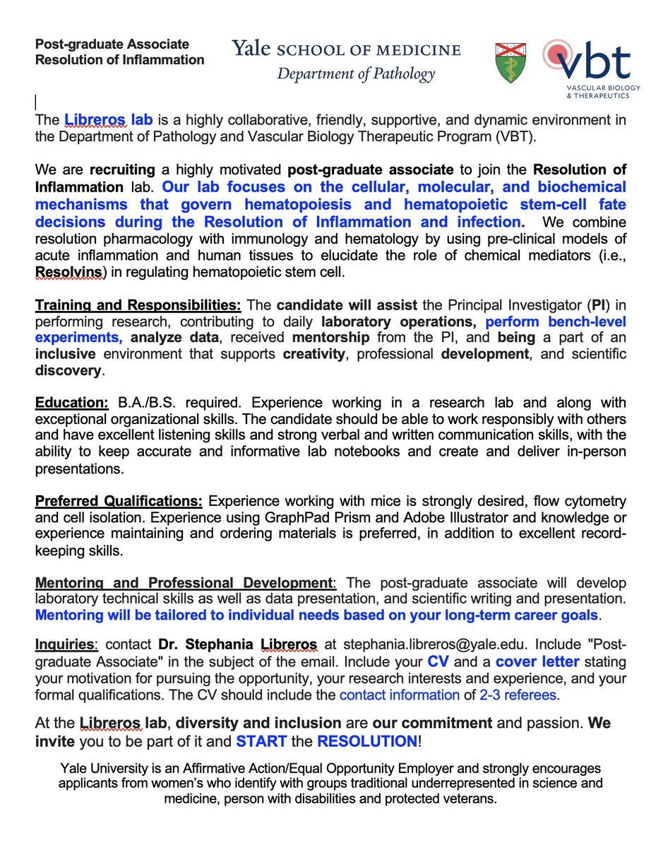 StephaniaLibre1's tweet image. We are hiring a Postgraduate Associate in my Lab @yalepathology and @YaleVBTProgram! 
Scientific discovery, diversity,  and inclusion, are our commitment and passion. 
We invite you to be part of it and START the RESOLUTION!
postdocs.yale.edu/postgraduate-a…