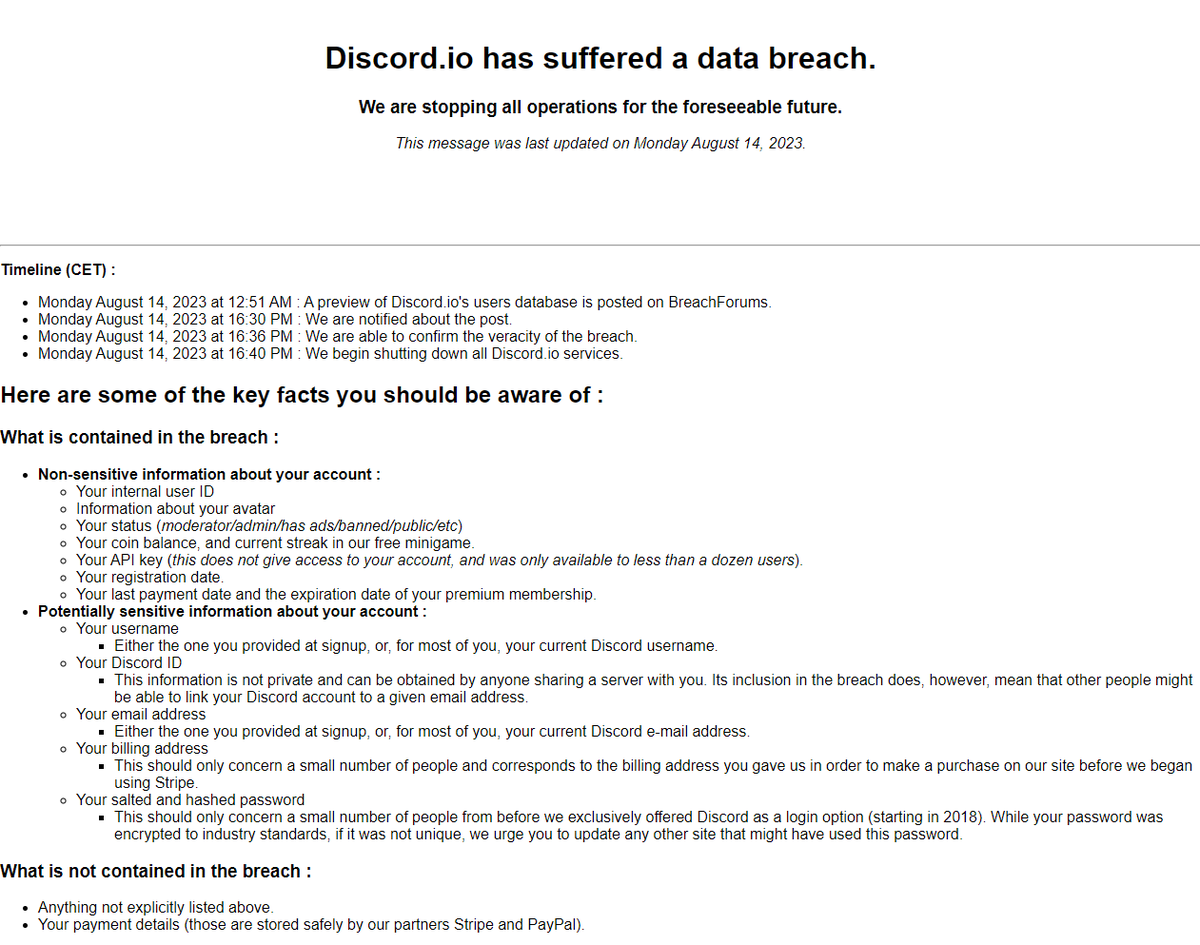 #Infosec || Atención: Discord confirmó oficialmente el data breach y es grande. Afecta a 760 mil usuarios. 

Un usuario ("Akhirah") puso a la venta una base de datos en un foro especializado. Hay passwords, mails y más información sensible 🔑

Todo esto hay, cambien claves ⚠️