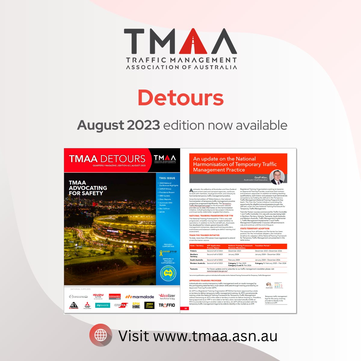 🚨 𝗧𝗠𝗔𝗔'𝘀 𝗗𝗘𝗧𝗢𝗨𝗥𝗦 𝗺𝗮𝗴𝗮𝘇𝗶𝗻𝗲
We are thrilled to announce that the August 2023 issue of Detours, our quarterly publication, is now available on the TMAA website. You can read it at tmaa.asn.au/Detours-Magazi….
