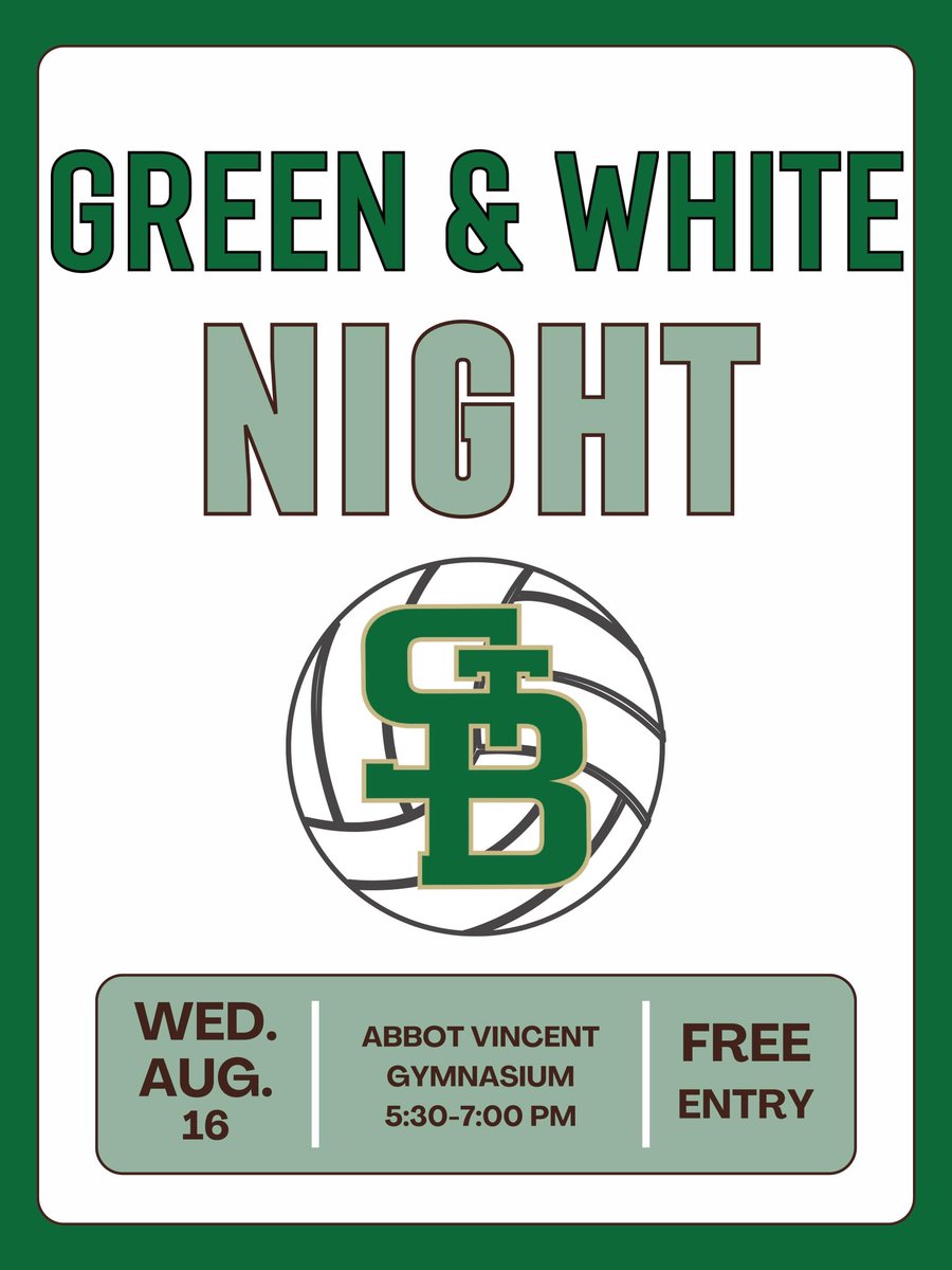 sba_volleyball's tweet photo. 💚Green &amp; White🤍 Night!

Come out and support our volleyball program on Wednesday, August 16 at 5:30pm! We will be scrimmaging, and you can get a sneak peak of all our teams. You can also purchase steak fry tickets and raffle tickets. Come out and support our teams! 🏐🐻💚 https://t.co/lcT4h5kWeV