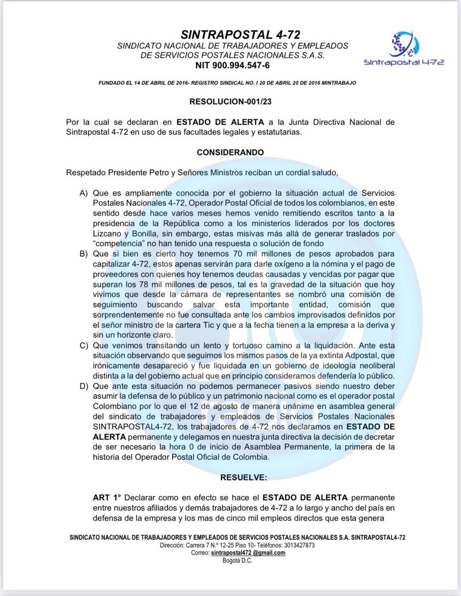 DianaMejiaBaron's tweet photo. En ESTADO DE ALERTA PERMANENTE se declara SINTRAPOSTAL 4-72‼️

Aseguran que de ser necesario iniciaran Asamblea Permanente, la primera de la historia del Operador Postal Oficial de Colombia.

Las deudas superan los 78 mil millones. Piden despolitizar la entidad.
#MañanasBlu10AM https://t.co/f62aHiYMGv