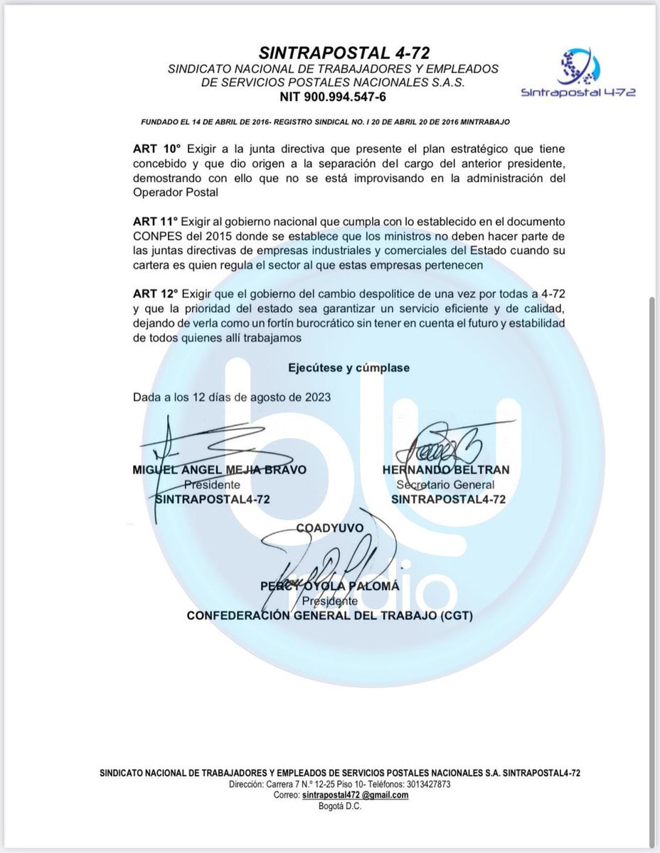 DianaMejiaBaron's tweet photo. En ESTADO DE ALERTA PERMANENTE se declara SINTRAPOSTAL 4-72‼️

Aseguran que de ser necesario iniciaran Asamblea Permanente, la primera de la historia del Operador Postal Oficial de Colombia.

Las deudas superan los 78 mil millones. Piden despolitizar la entidad.
#MañanasBlu10AM https://t.co/f62aHiYMGv