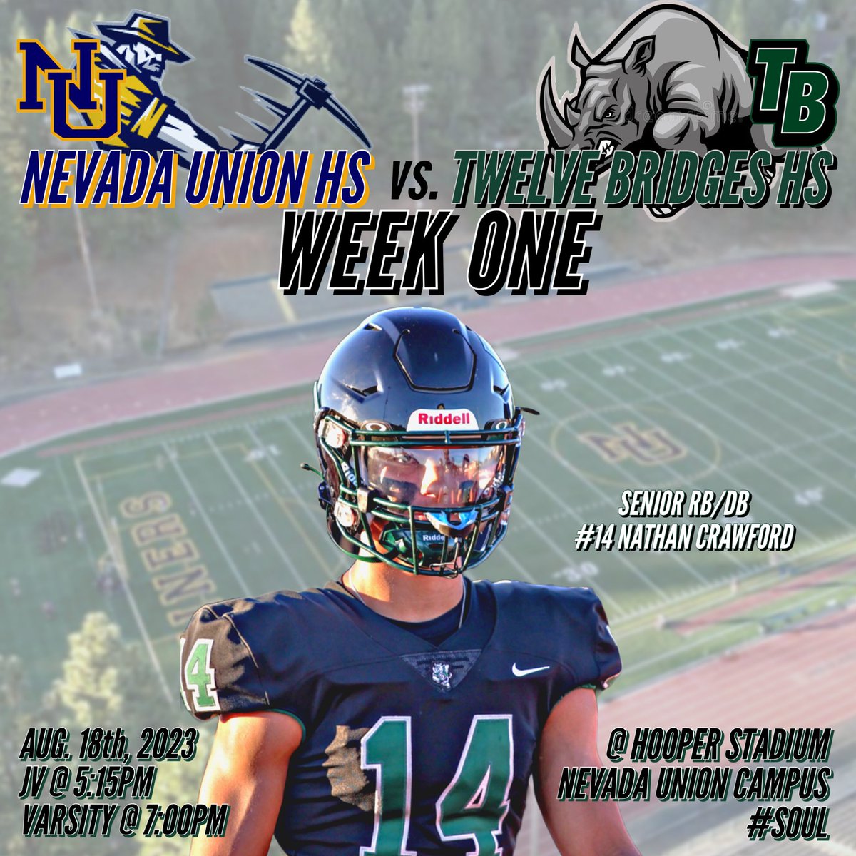 12BFootball's tweet photo. Join us for our week 1 clash @numiners of the Foothill Valley League! This is the 1st matchup between the RHINOS & MINERS at beautiful Hooper Stadium. @12BFootball will be looking to build off successful 1st year & we’d love to see the #CrashPit stampede into Grass Valley! 🦏⚫️🟢 https://t.co/Y2K280n3js