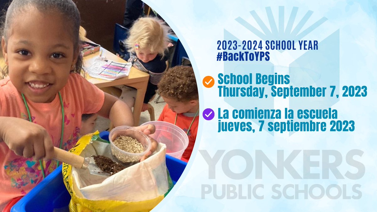YonkersSchools's tweet photo. #YonkersPublicSchools
We are getting ready for the opening of schools on Thursday, September 7, 2023 for all students PreK-12! Helpful information for #families:
👋🏽https://t.co/AGY9tjw7Ty #BackToYPS https://t.co/16b7epKEqA